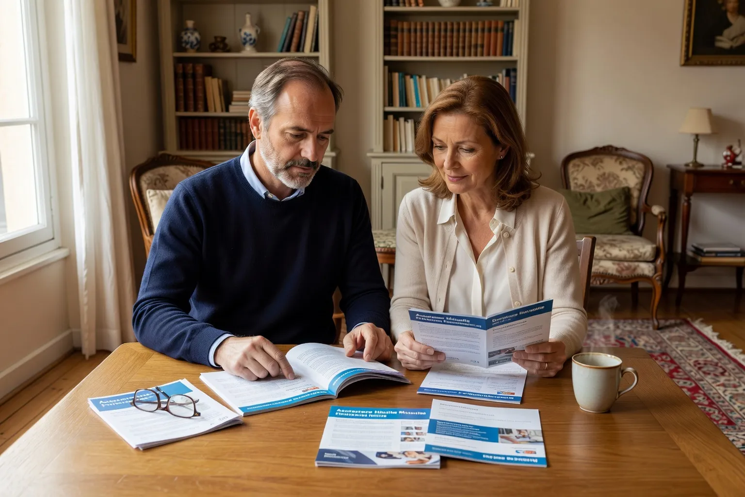 Couple caucasien européen quinquagénaire examinant des brochures de mutuelle santé à leur table de salon, concentration attentive, lumière douce d'après-midi, intérieur français