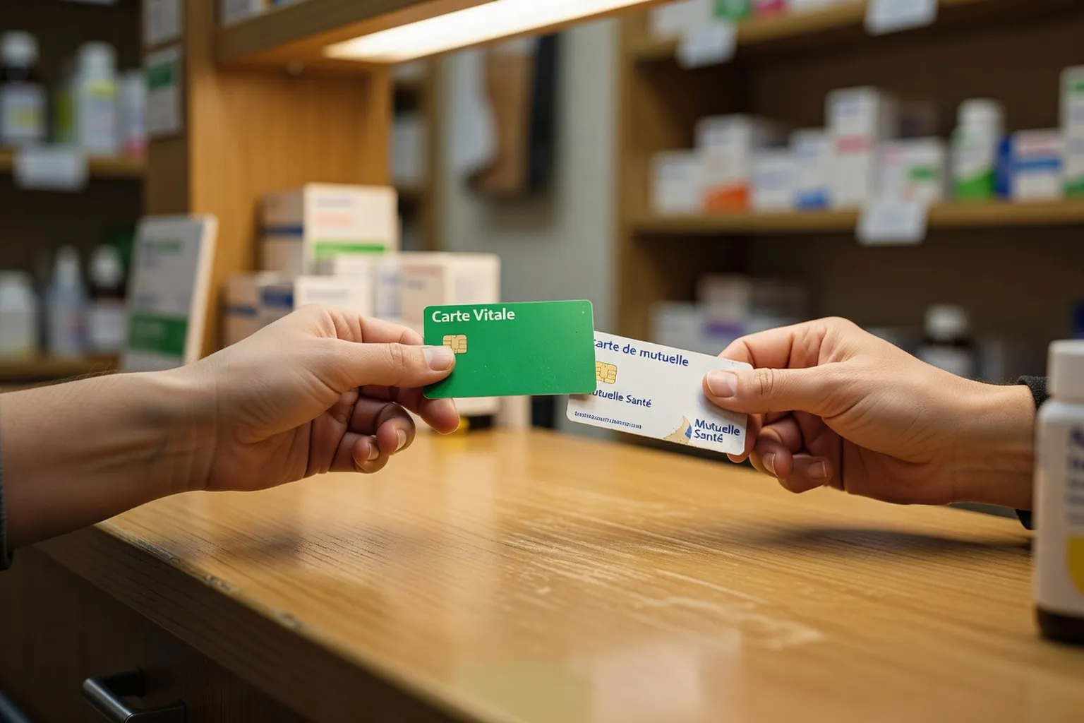 Gros plan d'un comptoir de pharmacie française avec une Carte Vitale verte et une carte de mutuelle santé tendues, mains uniquement, éclairage chaleureux d'intérieur, photographie documentaire