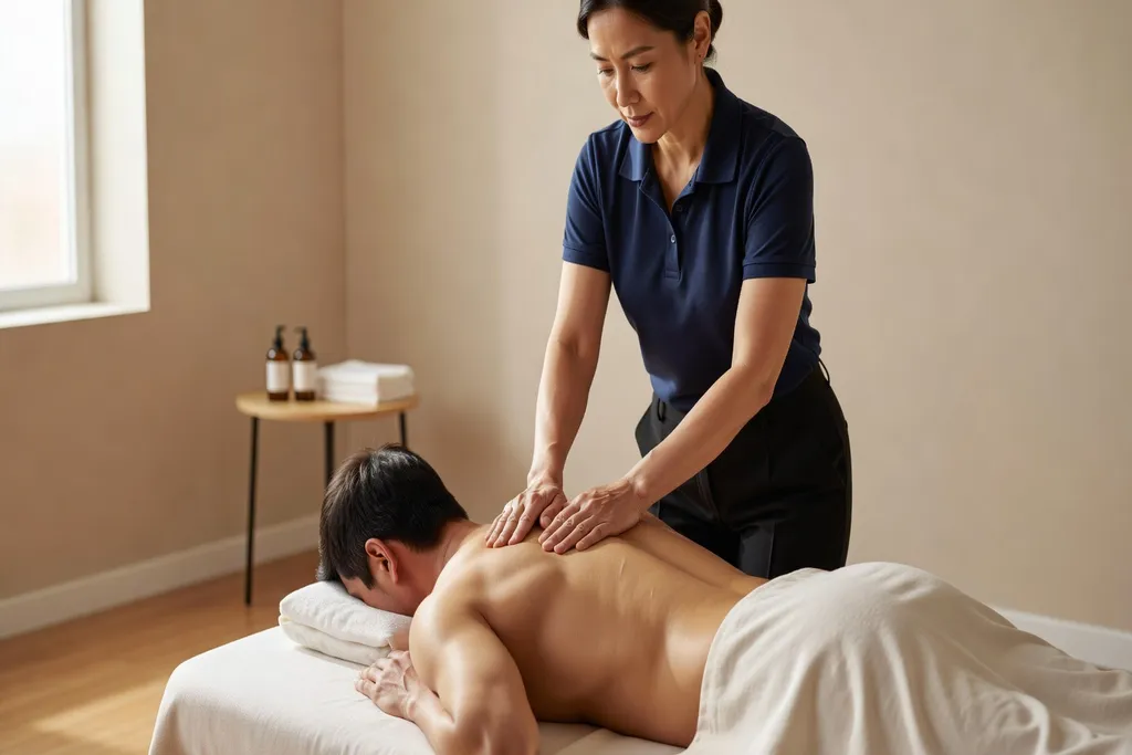 Kinésithérapeute effectuant un massage thérapeutique du dos sur une table de massage en cadre clinique